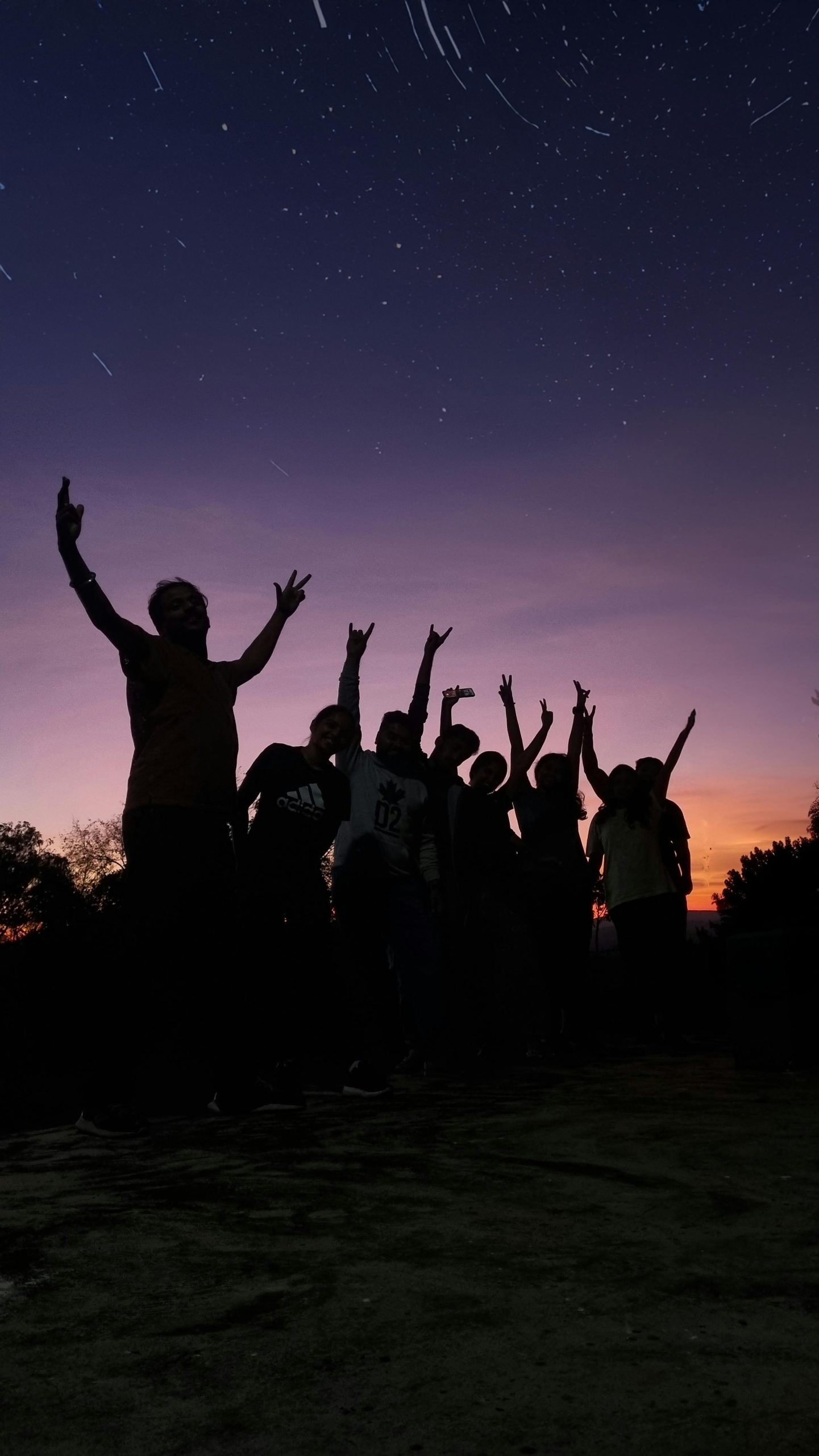 Silhouettes of friends celebrating under stars at sunset, expressing joy and togetherness.